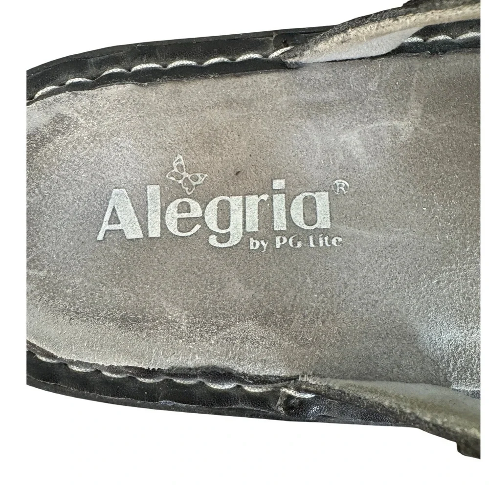 Alegria Women 39 Black Animal Print Patent Leather Slide Sandals‎ Wedge